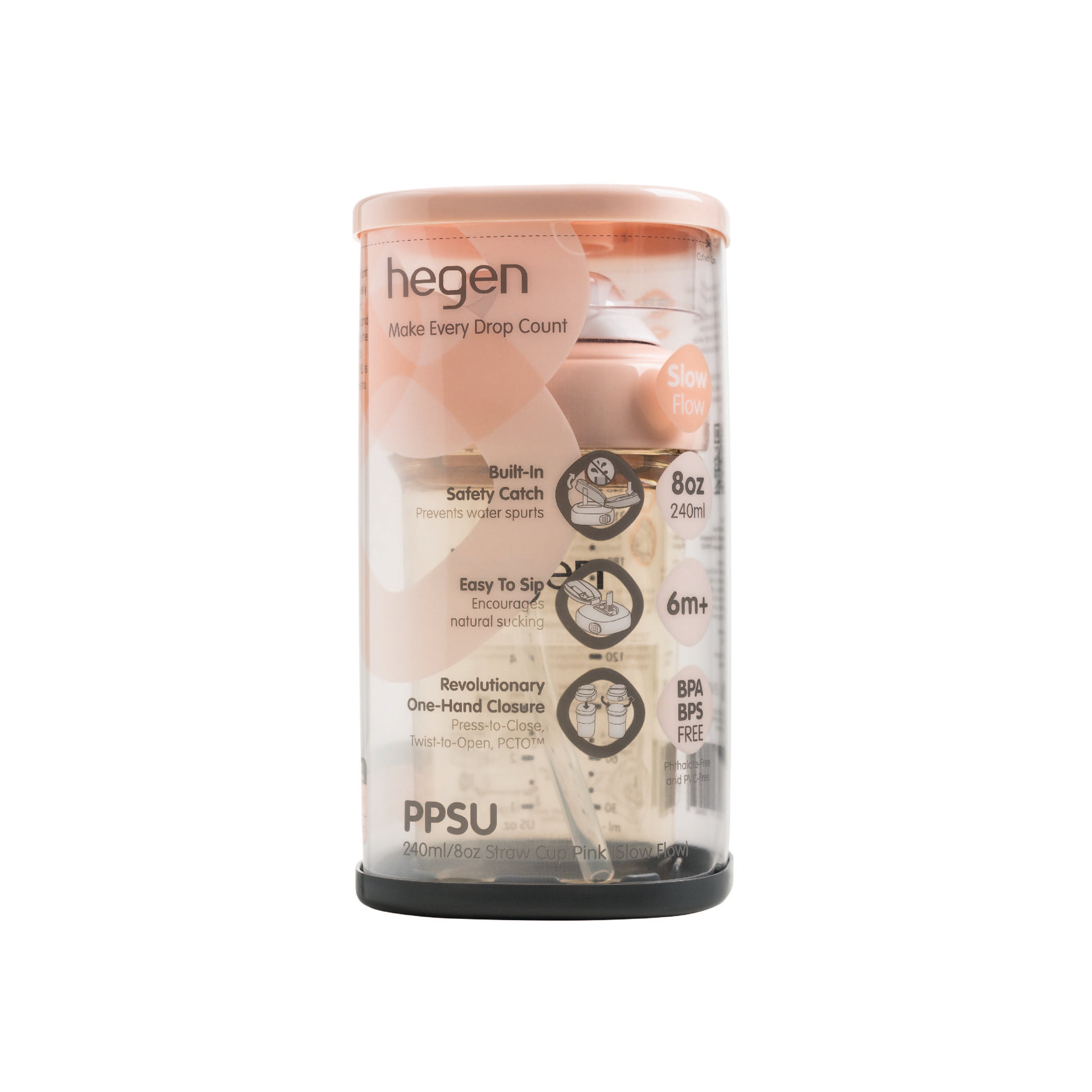 Hegen PCTO™ 240ml/8oz Straw Cup PPSU Pink (Slow Flow) - 6 months and above