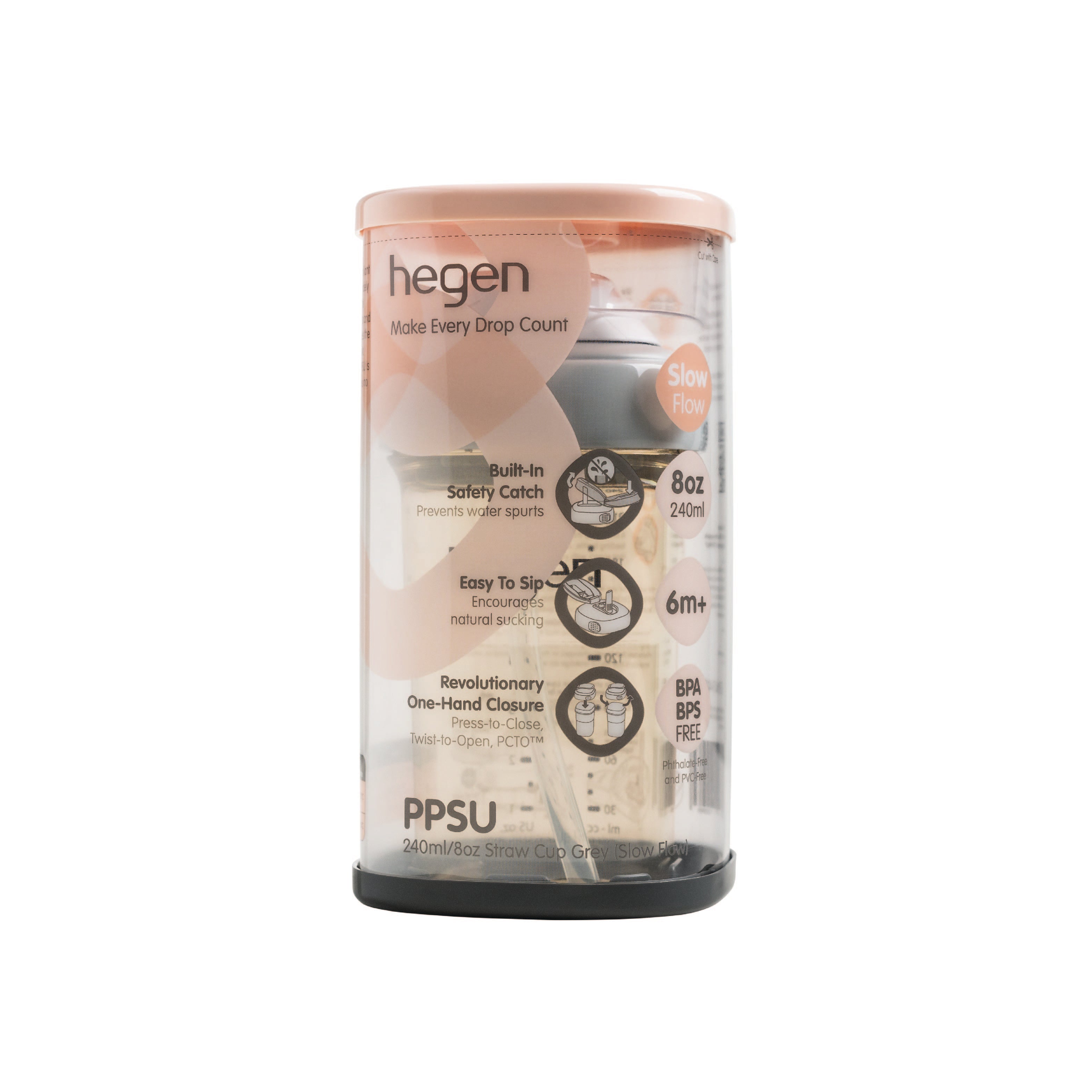 Hegen PCTO™ 240ml/8oz Straw Cup PPSU Grey (Slow Flow) - 6 months and above