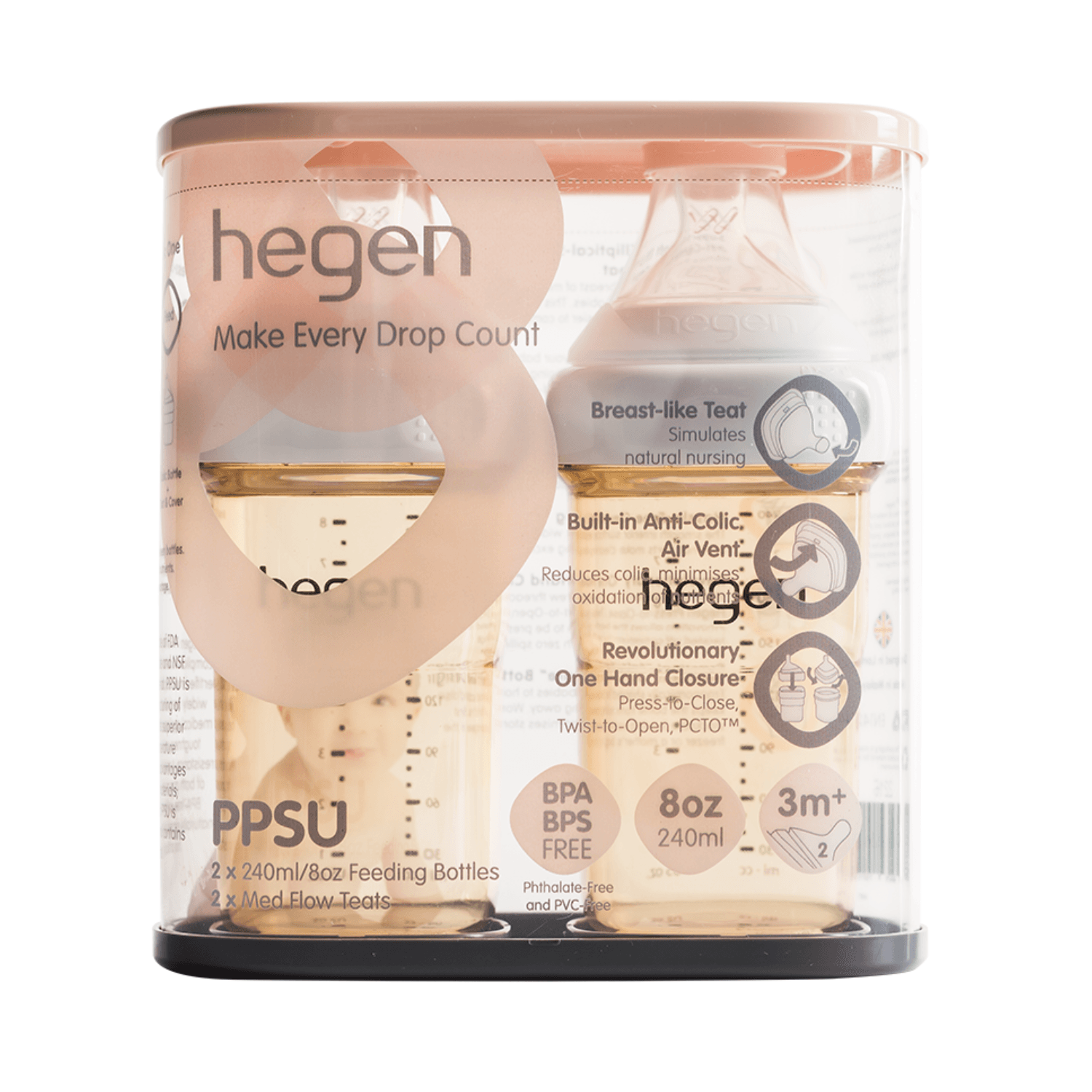 Hegen PCTO™ 240ml/8oz Feeding Bottle PPSU, 2-Pack with 2 x Medium Flow Teat (3 to 6 months) - hegen.us